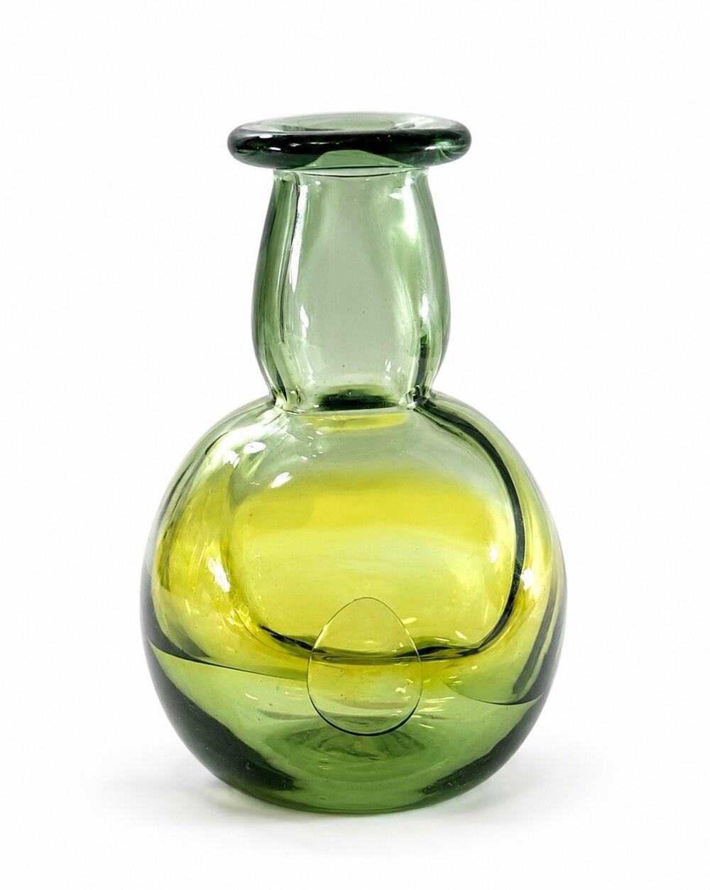 Vintage 1980 Williams Signed Hand Blown Art Glass Vase Green Yellow 6”